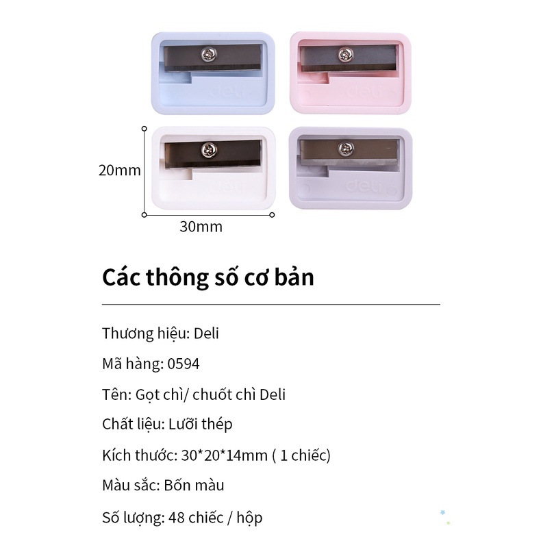 Gọt bút chì mini Deli - Hồng, Cam, Xanh dương, Xanh lá - 1 cái màu ngẫu nhiên - Chất liệu ABS bền bỉ, lưỡi dao không ghỉ - 594