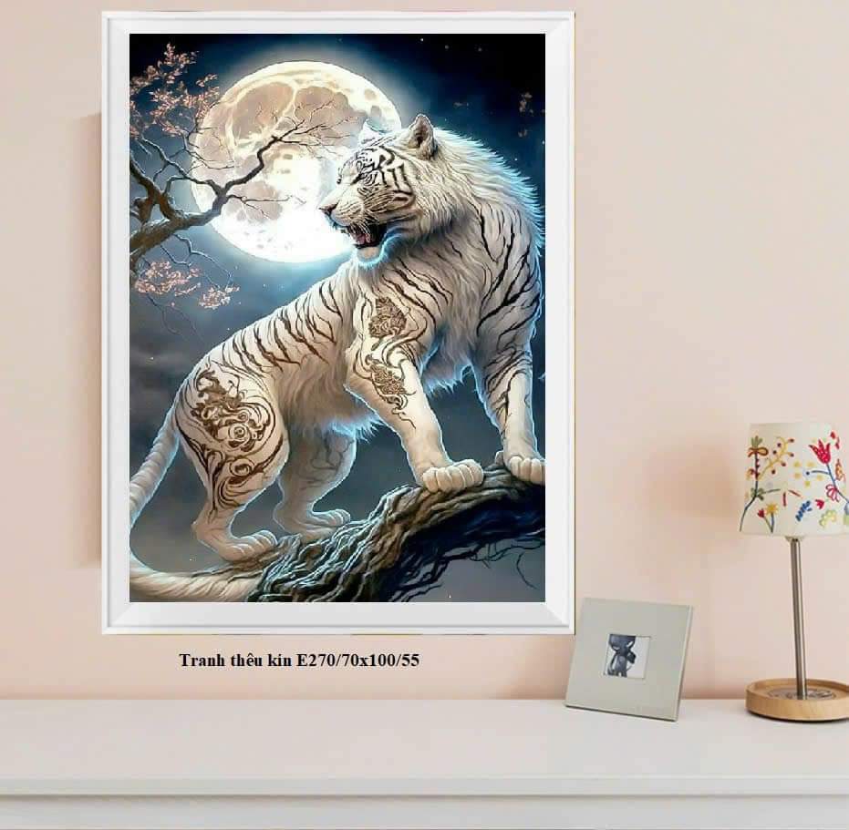 Tranh thêu chữ thập mãnh hổ dưới trăng - kt:70x100cm _e270_ chưa thêu
