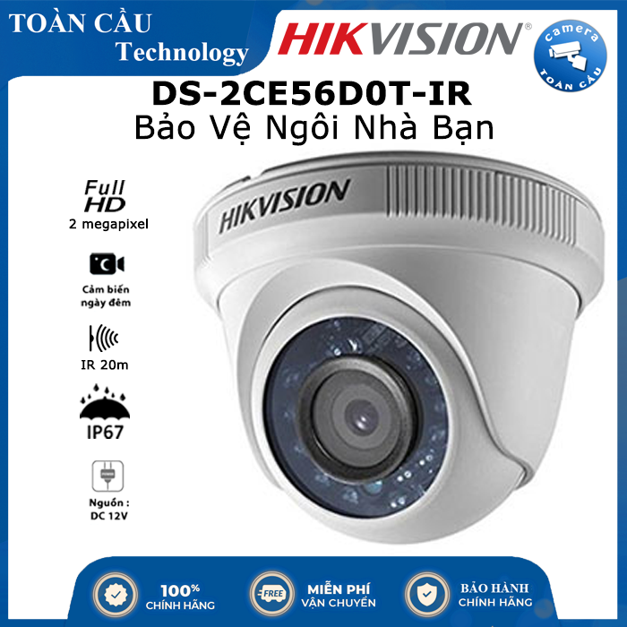 [100% CHÍNH HÃNG] Camera HD-TVI Hikvision DS-2CE56D0T-IR 2MP - Hồng Ngoại 20m - Tính Năng Chống Rung - Camera Toàn Cầu