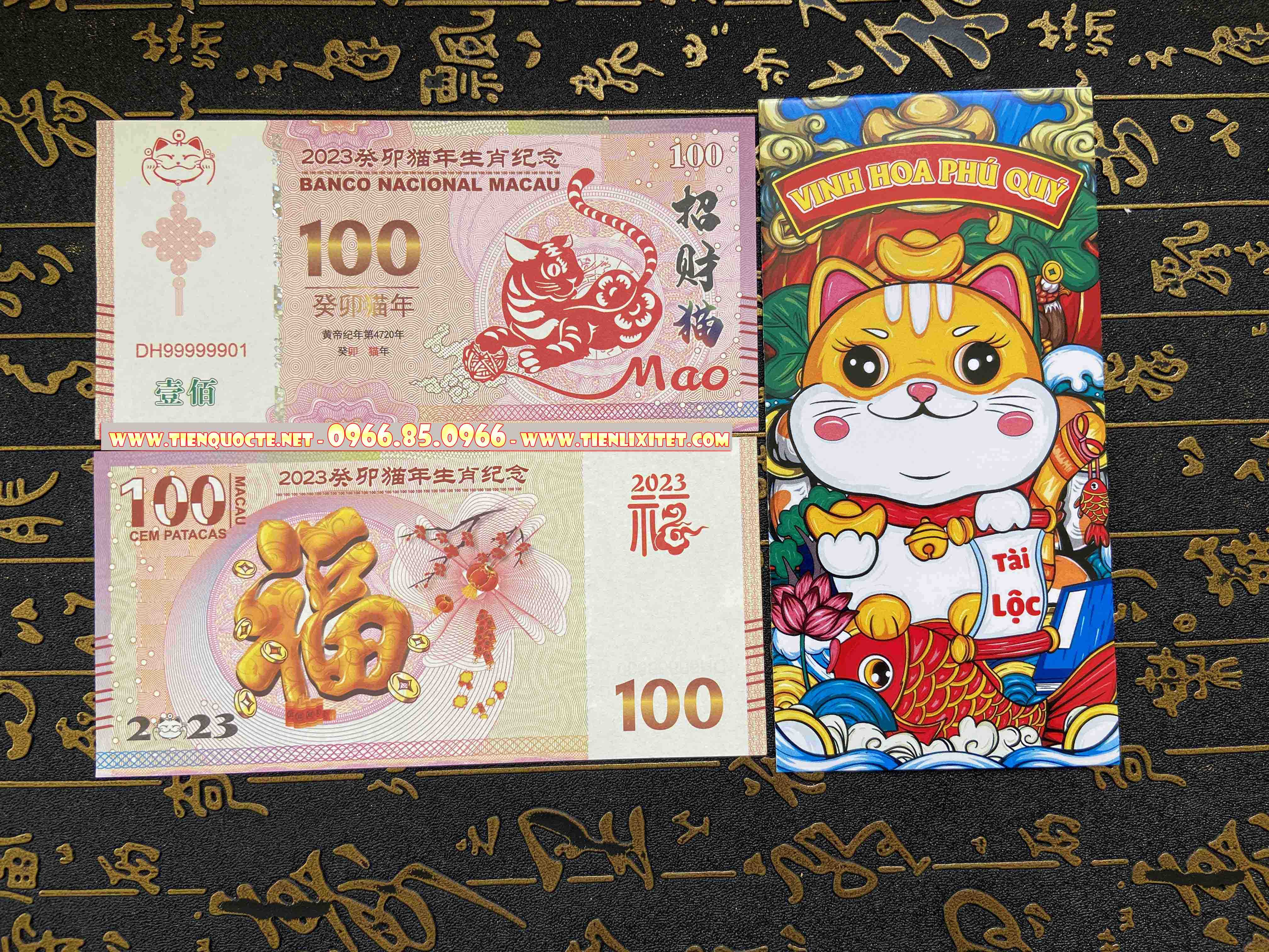 Lì xì tết tiền macao 100 hình con mèo, tiền 100 macao con mèo 2023 mdlp00030