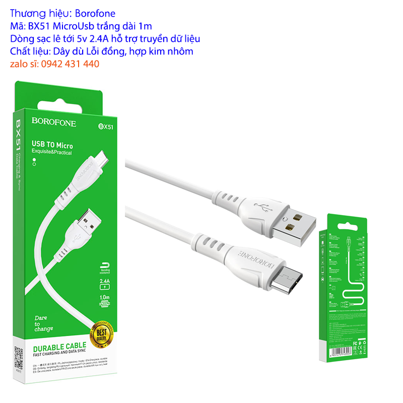 Cáp Sạc Nhanh borofone bx51 Micro USB 1m  - BH 12 Tháng