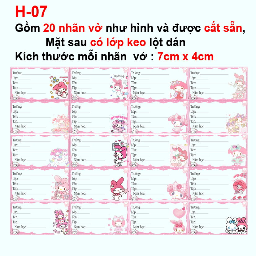 Nhãn vở My Melody - Nhãn dán My melody (1 set 20 nhãn vở khác nhau)