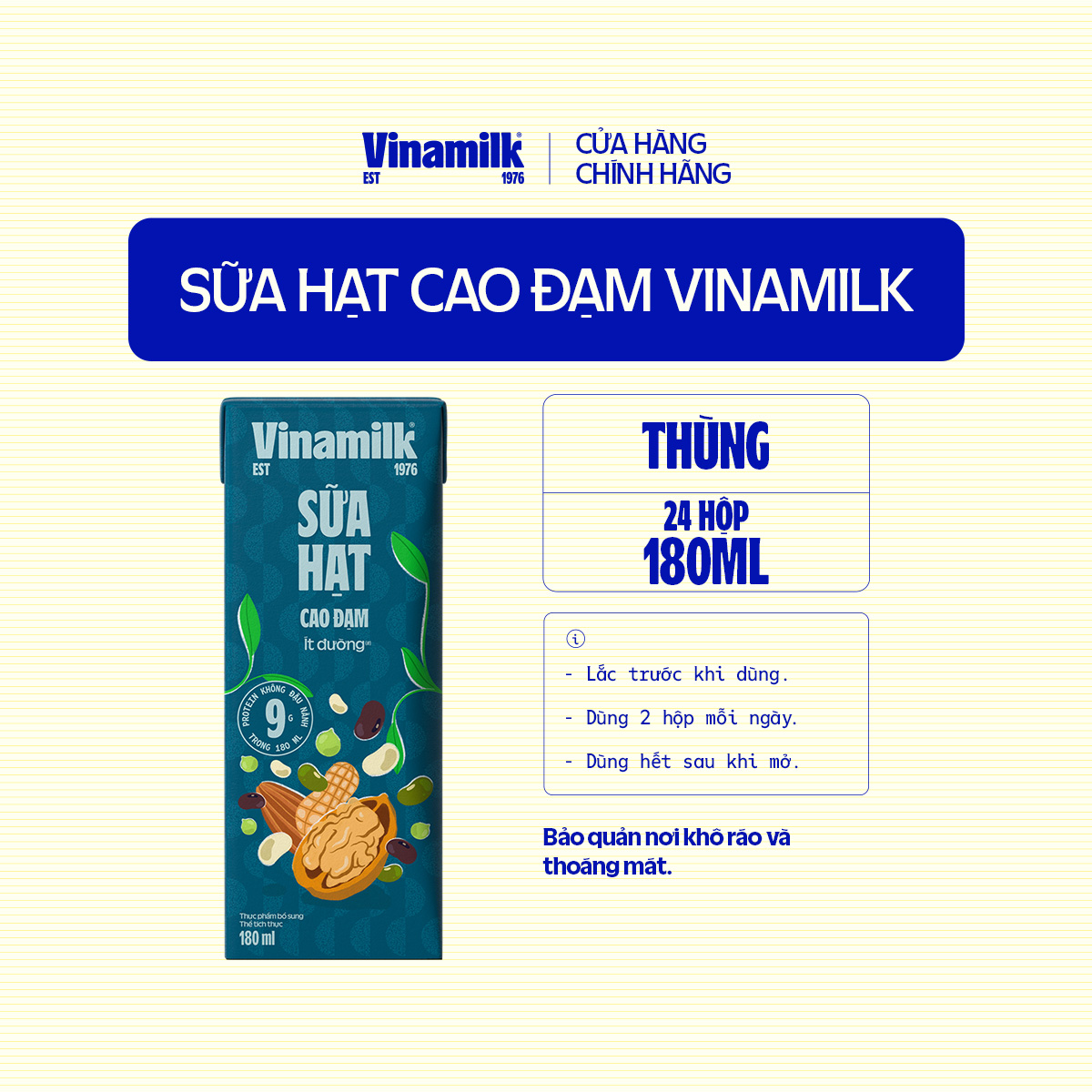 Thùng 24 hộp sữa hạt Cao Đạm ít đường Vinamilk - hộp 180ml