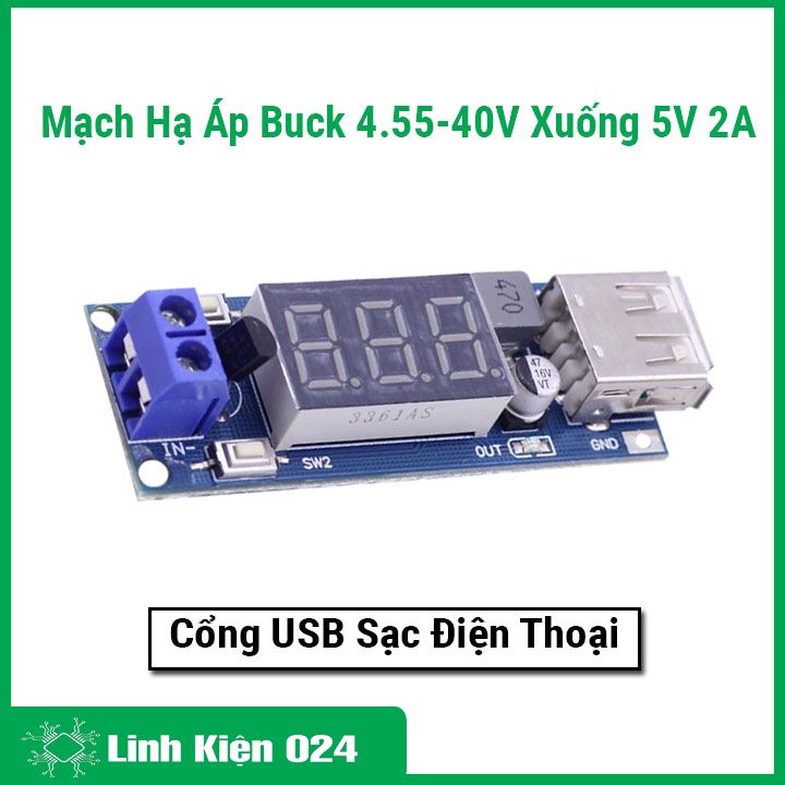 Mạch hạ áp buck 4.55-40v xuống 5v 2a cổng usb sạc điện thoại