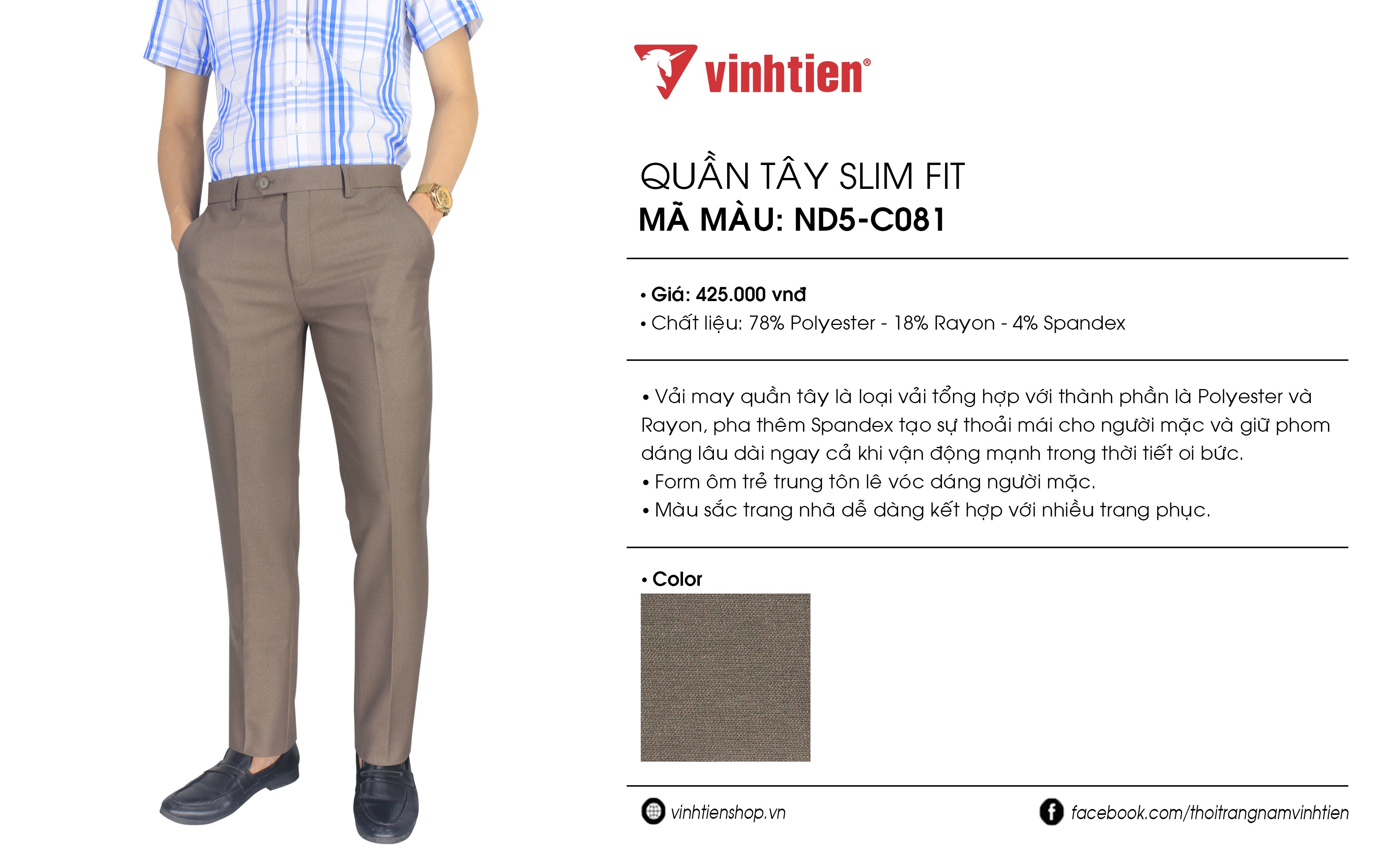 Quần Tây Nam Trơn Dáng Trẻ Vĩnh Tiến Màu Cát Cháy C081