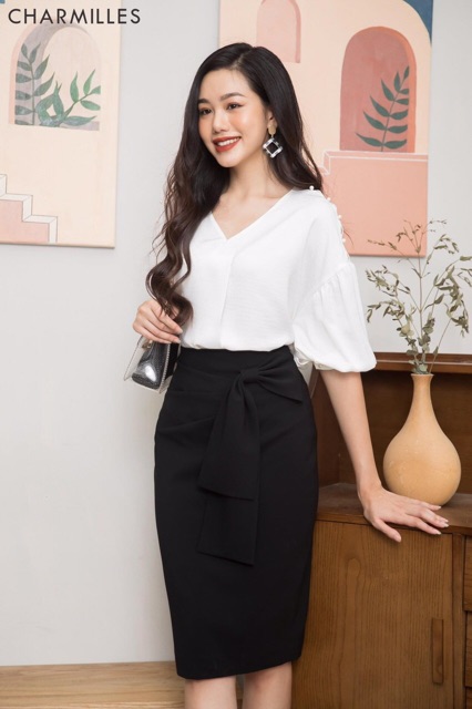 Chân Váy Bút Chì Nơ Dáng Dài Sẻ Sau