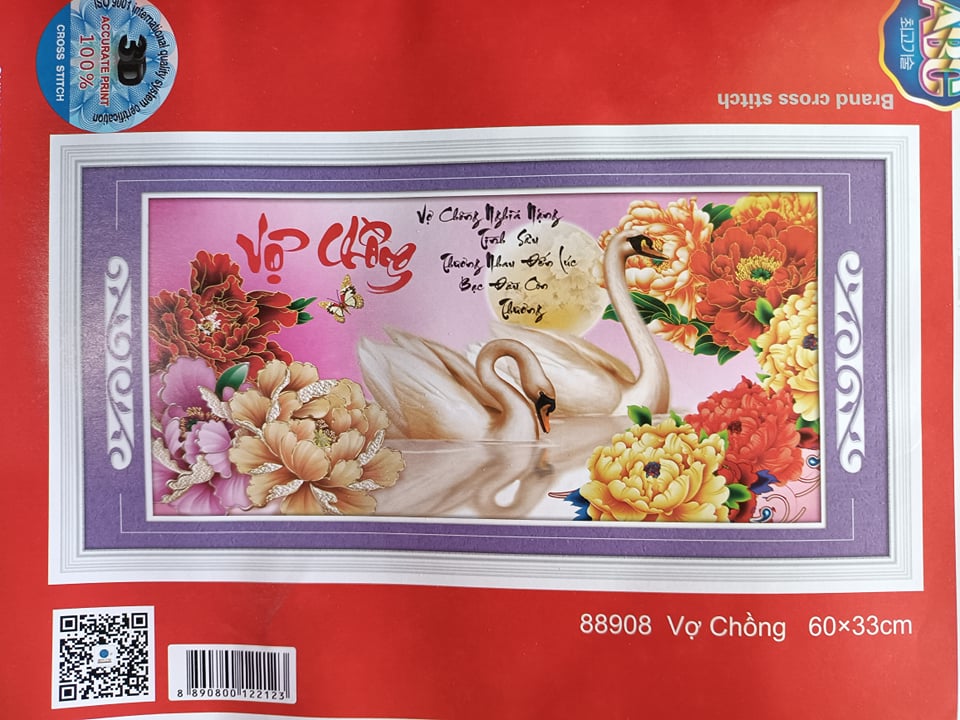 [HCM]Tranh thêu chữ thập vợ chồng thiên nga hoa mẫu đơn 88908 - kích thước 60 * 33