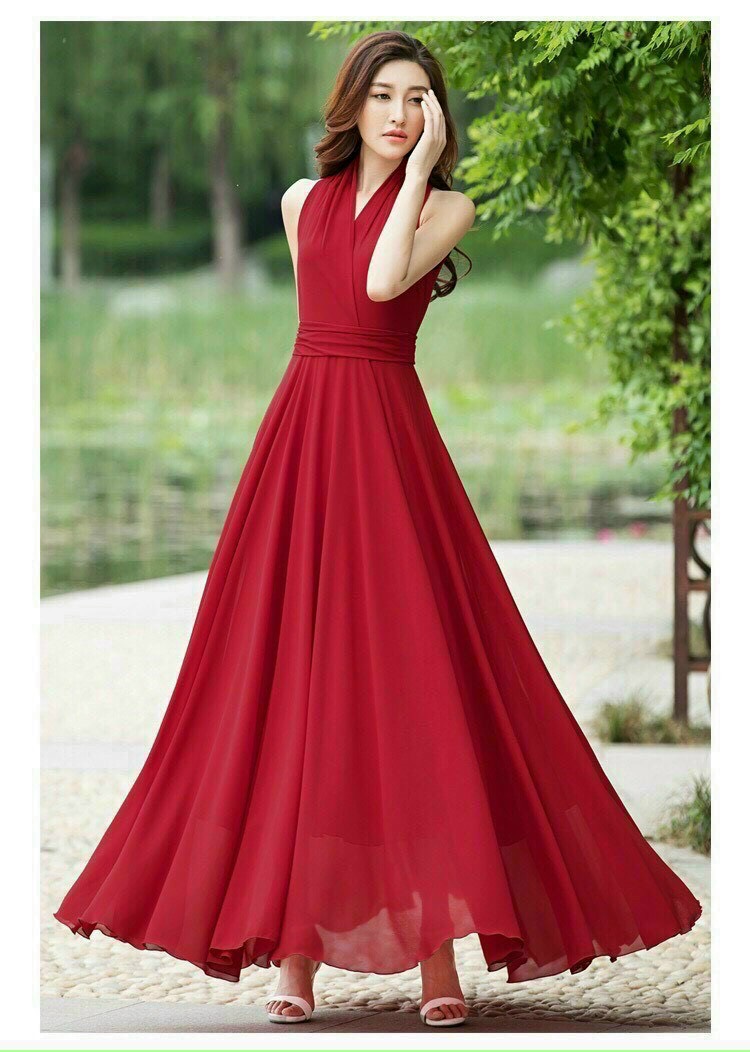 đầm maxi đỏ dài cổ v sang trọng