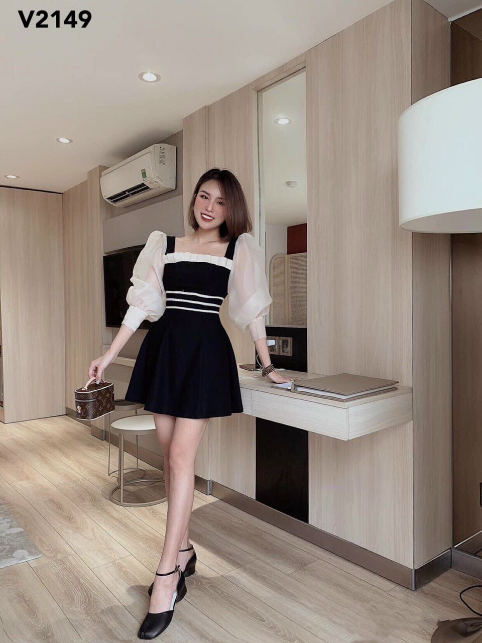 Đầm tiểu thư xòe cổ vuông tay phồng dễ thương xinh xắn