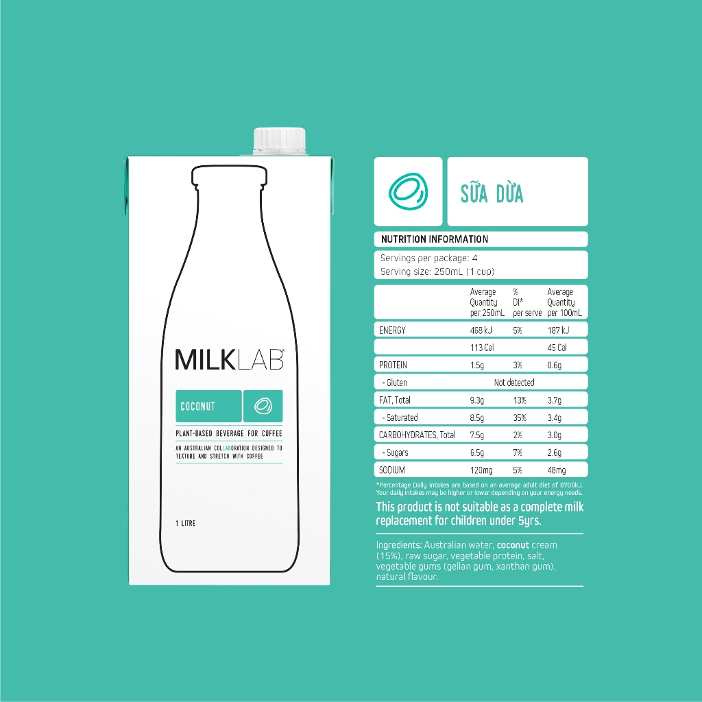 Sữa dừa cao cấp ít đường MILKLAB - Hộp 1L