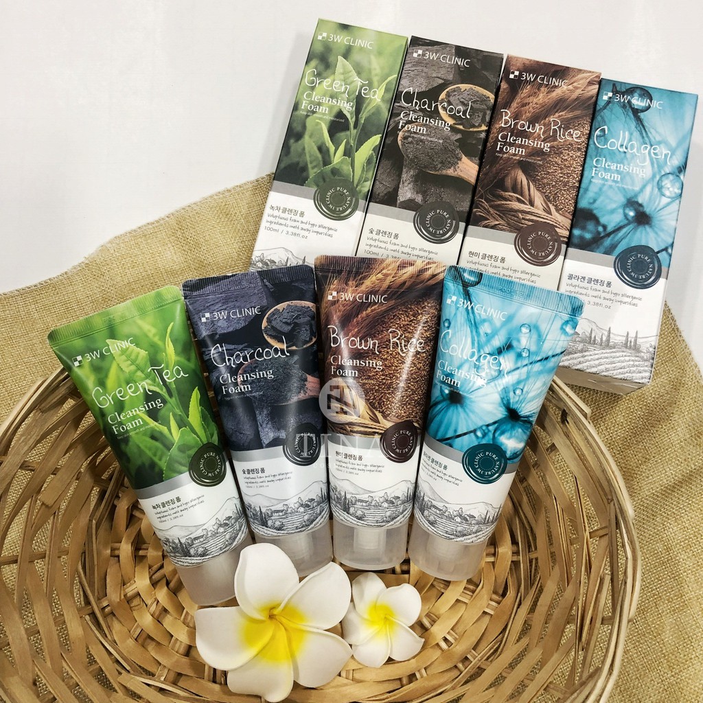 Sữa rửa mặt 3W Clinic Hàn Quốc mẫu mới nhiều loại Trà Xanh/ Collagen/ Hoa Hồng/ Than Hoạt Tính/ Gạo 100ml