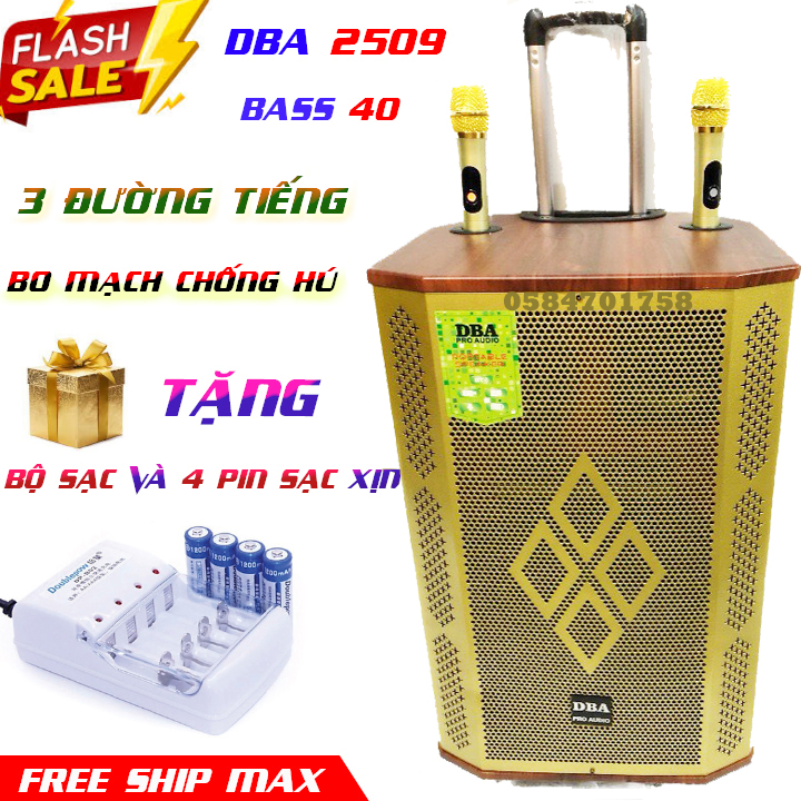 Loa kéo cao cấp dba 2509 bass 40 ba đường tiếng âm thanh siêu chất, kèm 2 míc kim loại uhf chống hú xịn new