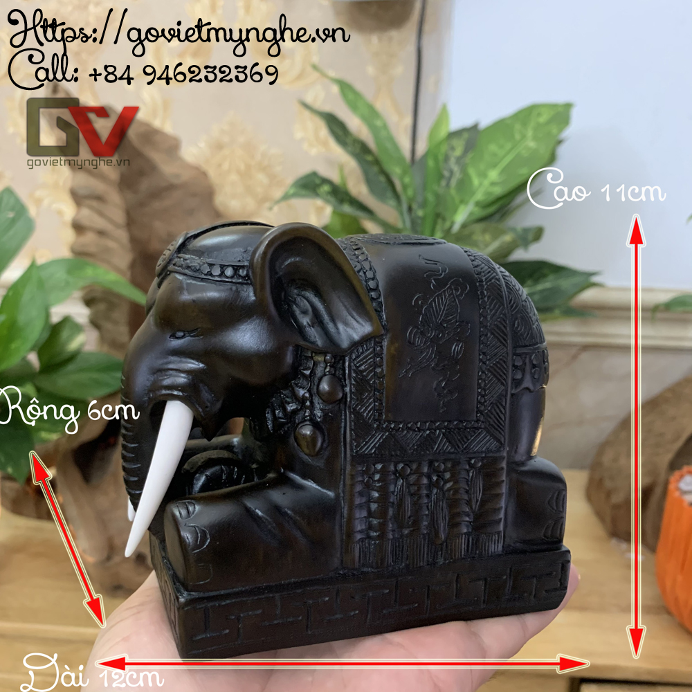 Tượng voi đá trang trí phong thủy dáng voi quỳ phục - Dài 12cm - Màu nhũ đồng