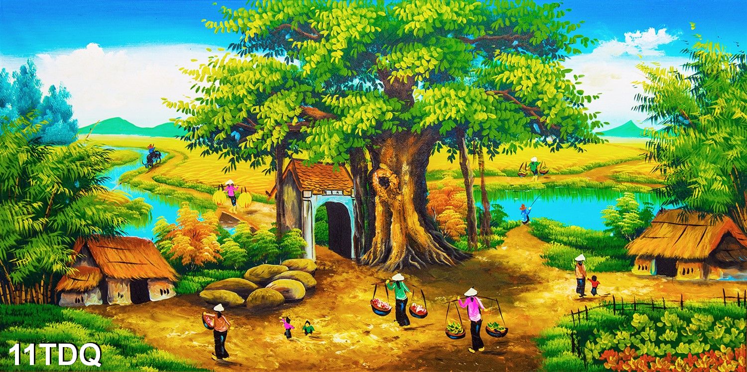Tranh dán tường phong cảnh làng quê việt nam giả sơn dầu, tranh đồng quê , tranh quê hương, t