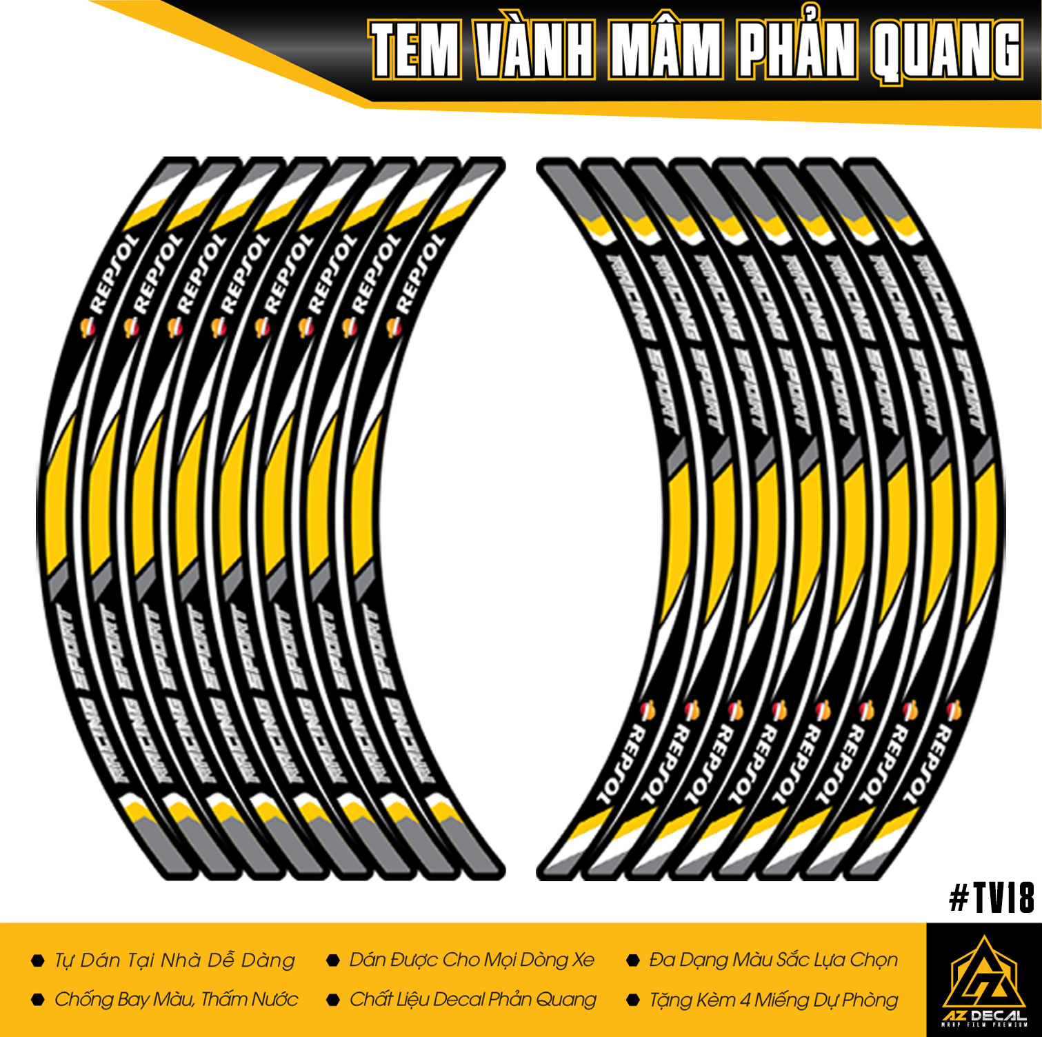 Tem dán vành xe mẫu repsol dán 2 bánh | tv18 | decal dán mâm xe dành cho mọi loại xe | azdecal