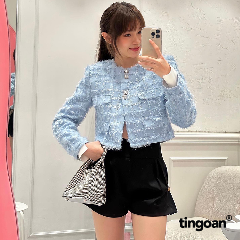 TINGOAN® - Áo khoác tweed freesize lửng cổ tròn lông cúc đá lấp lánh 2 lớp xanh tingoan COTTON CANDY TWEED JACKET/BLUE
