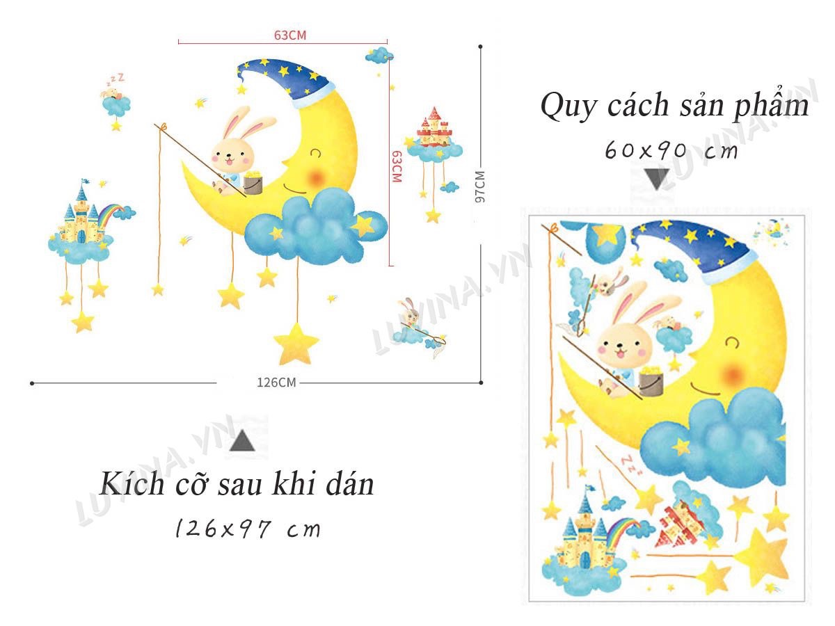 Decal tranh dán tường trăng thỏ câu sao
