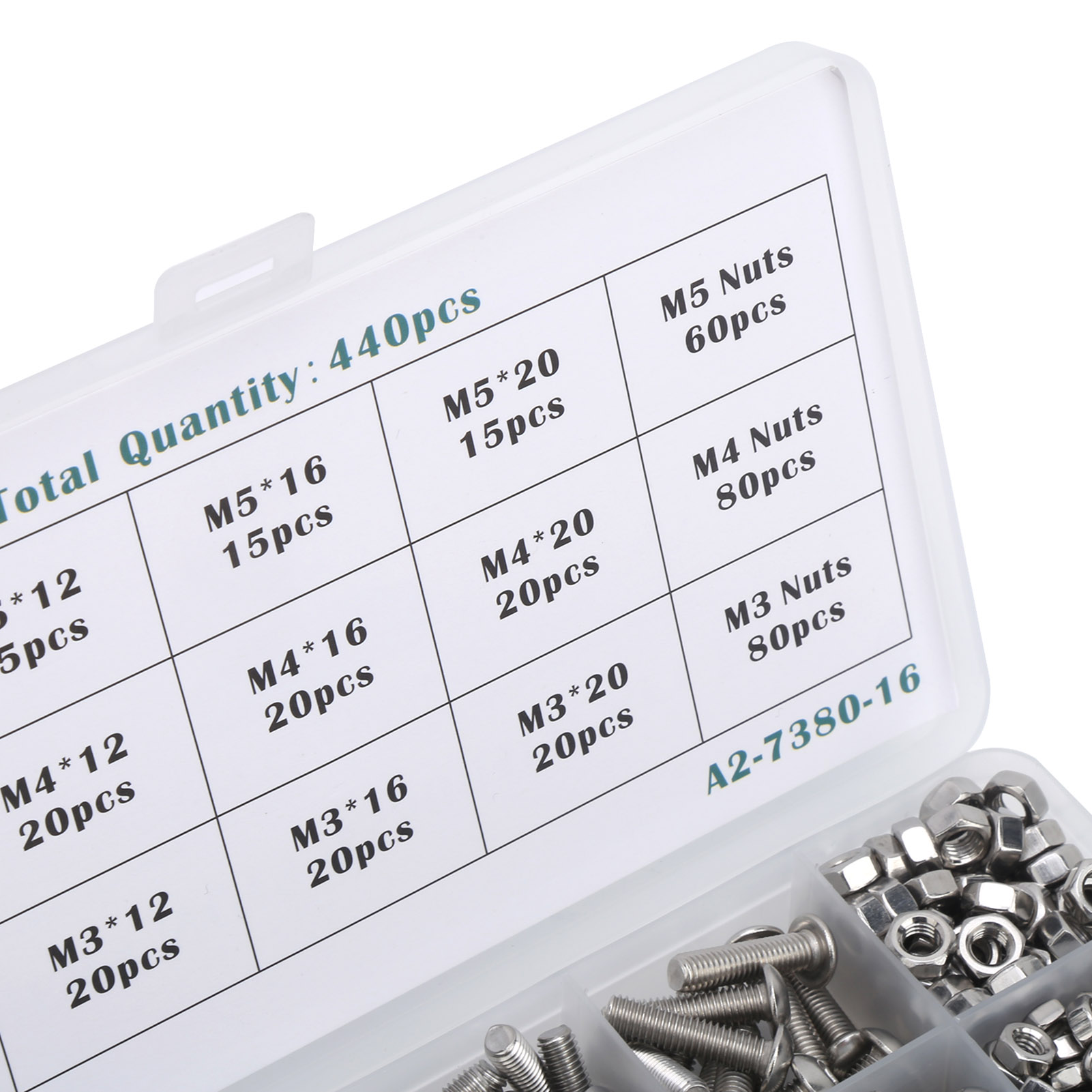 440PCS M3/M4/M5 Hex Socket Screw with Nut Assortment Set Stainless Steel Fastener Hardware