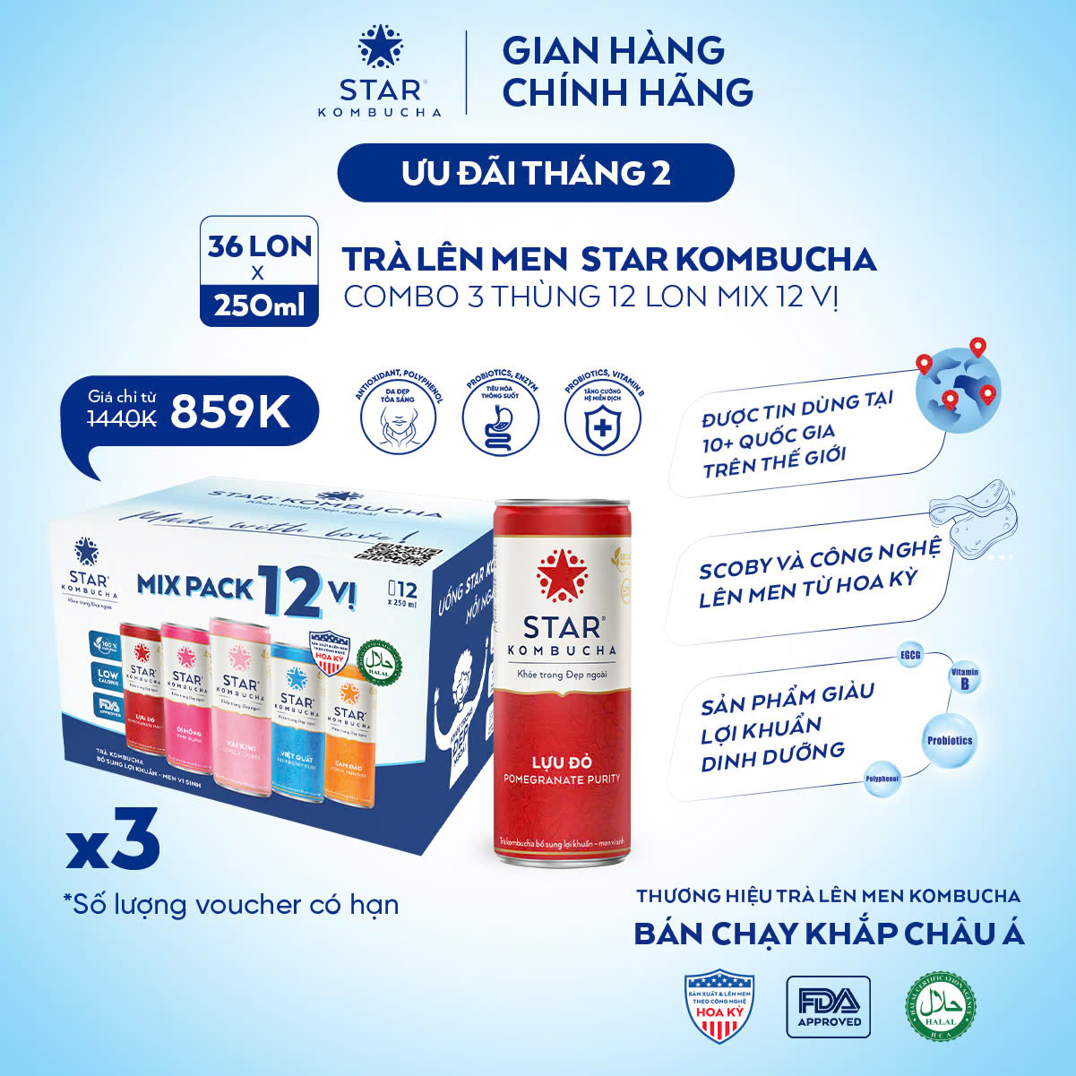 Combo 3 thùng 12 lon trà lên men STAR KOMBUCHA mix 6 vị (36 lon x 250ml)