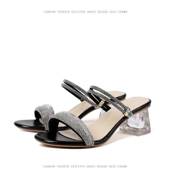 Giày Sandal cao gót quai ngang đính đá gót mica 5 phân Big Size 42 43 thời trang Depvashock MS S44