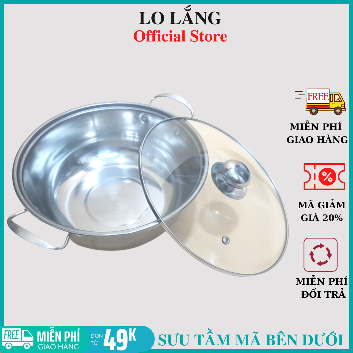 Nồi lẩu inox loại lớn 26cm nắp kính và tay cầm chống nóng cao cấp dùng được bếp từ và mọi loại bếp