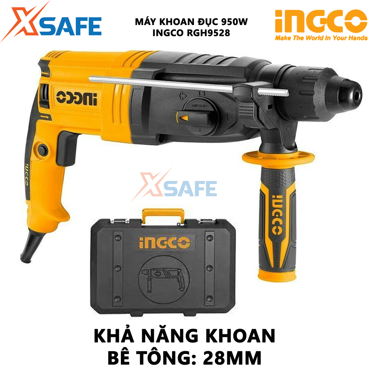 Máy khoan cầm tay 3 chức năng 950w Ingco RGH9528 đầu gài sds plus, tốc độ 1050rpm, tốc độ búa 4670bpm, lực búa 2,5j, khoan bê tông 28mm, thép 13mm, gỗ 30mm, kèm 3 mũi khoan và 2 mũi đục Máy khoan đục bê tông