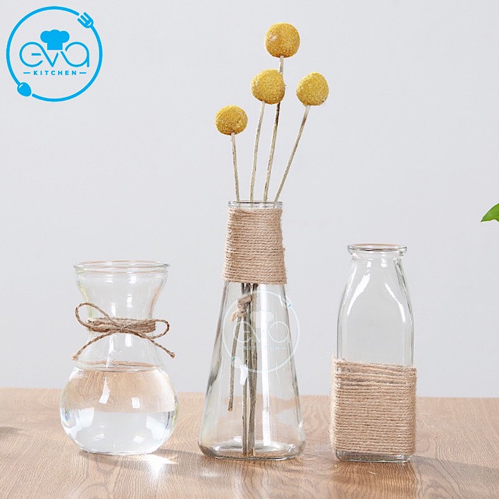 [HCM]Combo 3 Bình Bông Lọ Hoa Thủy Tinh Vuông Loe Tam Giác Tặng Kèm Dây Bố Trang Trí