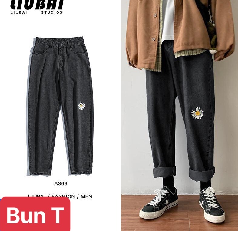 QUẦN BAGGY JEAN NAM CHẤT BÒ ĐEN THÊU HOA CÚC ỐNG RỘNG DÀI NHẬT HÀN MÙA HÈ DB-35 - TRANG BUN FASHION