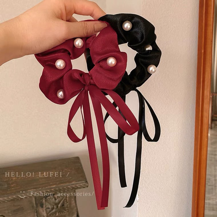 Cột tóc Scrunchies lụa đính hạt trai, phụ kiện tóc phong cách Hàn Quốc