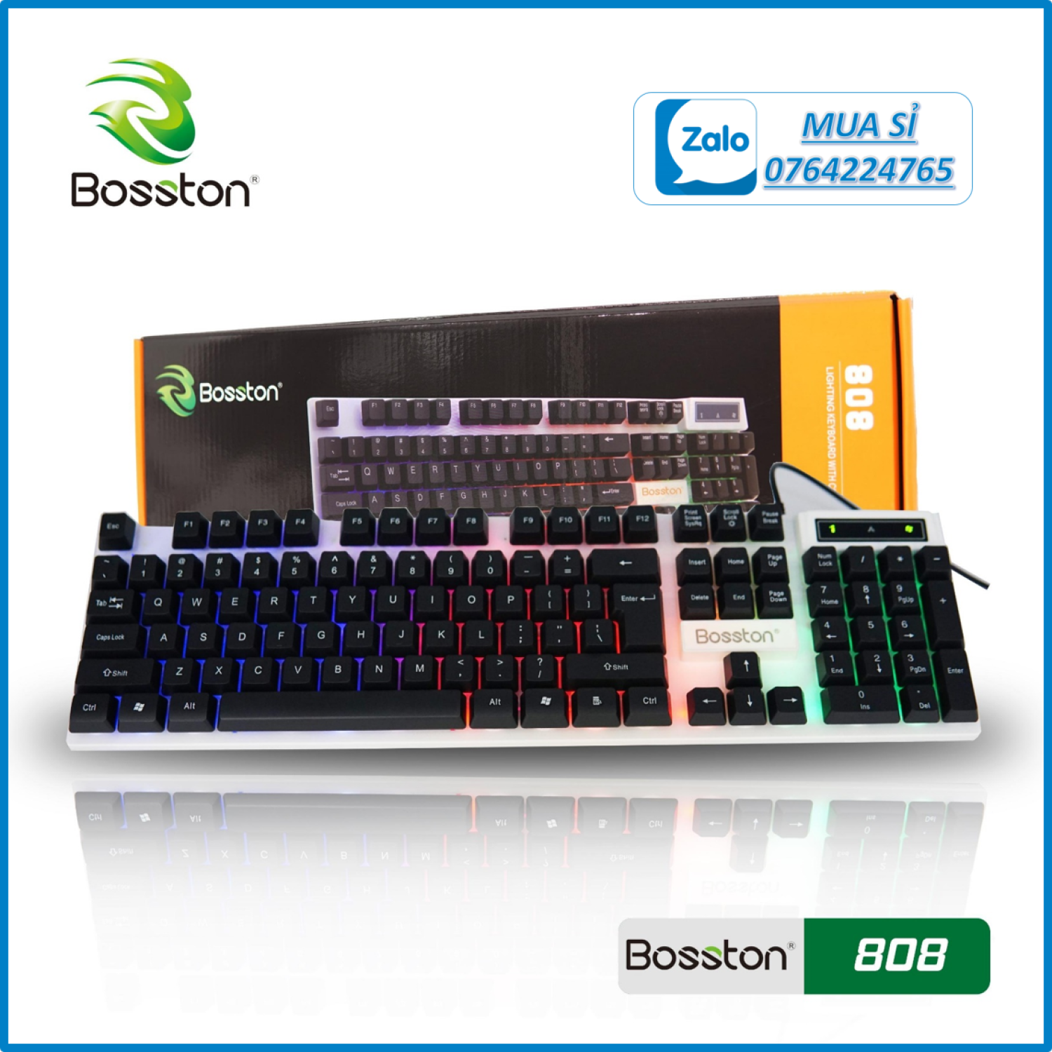 Bàn phím giả cơ bosston 808 led 7 màu / khắc lazer chống bay màu chữ