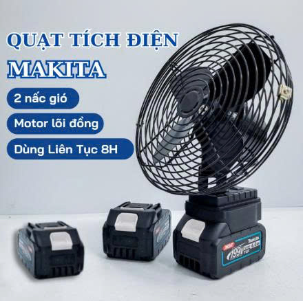 Quạt Chạy Pin 8 Inch - Quạt Tích Điện lồng sắt dùng chân pin phổ thông Makita siêu khỏe
