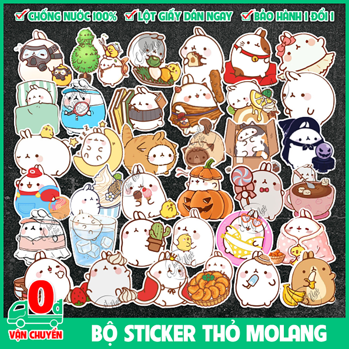 Combo 100 sticker thỏ MOLANG dễ thương chất liệu decal nhựa hình dán chống nước trang trí laptop điện thoại xe máy