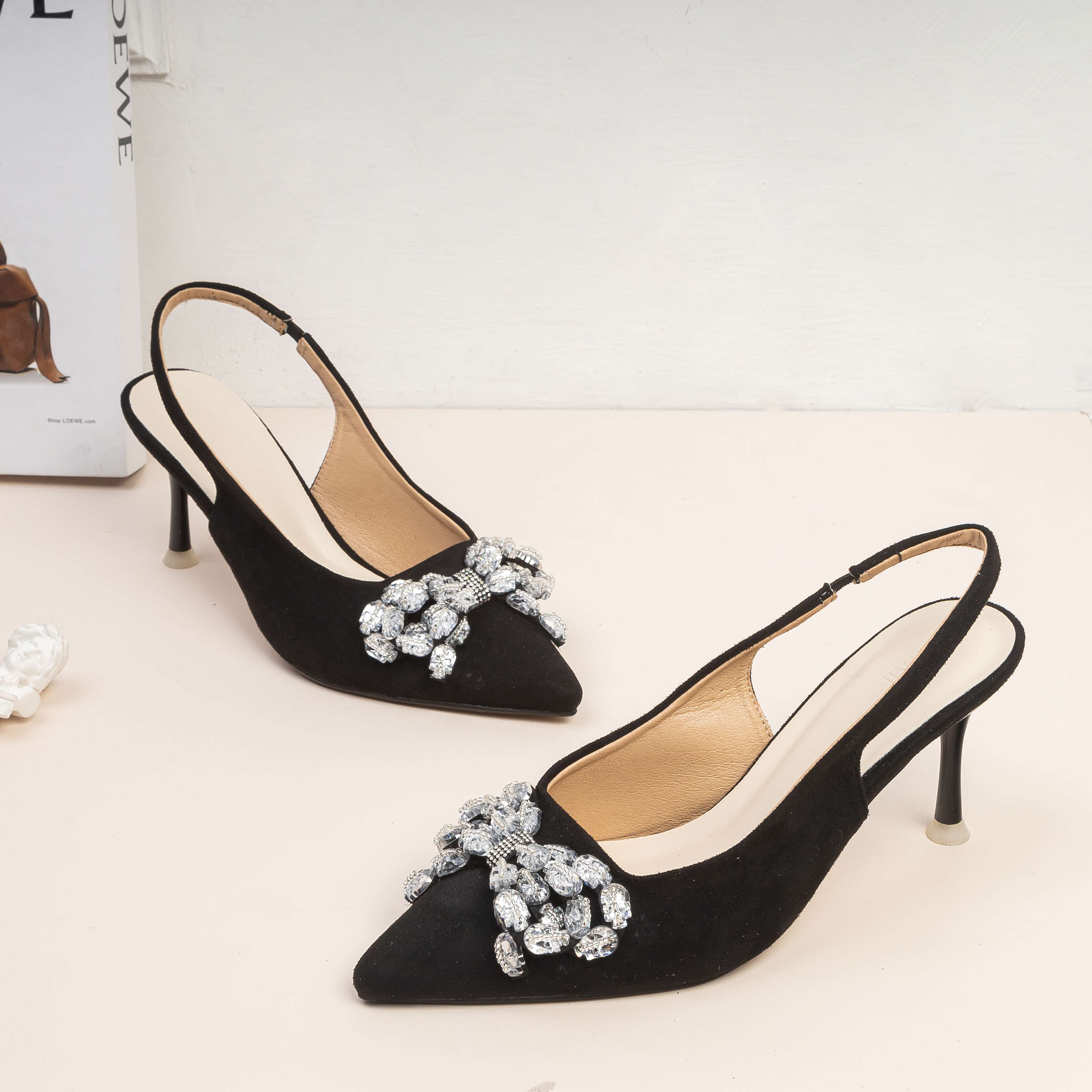 Giày Cao Gót 7cm Sling Back Phối Nơ Đính Đá Pixie E246