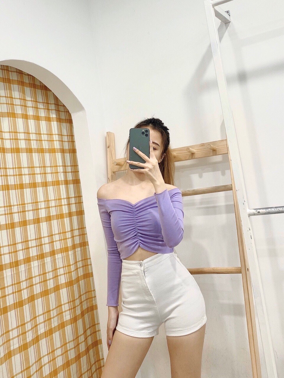 Quần short jean nữ co giãn lưng cao có túi