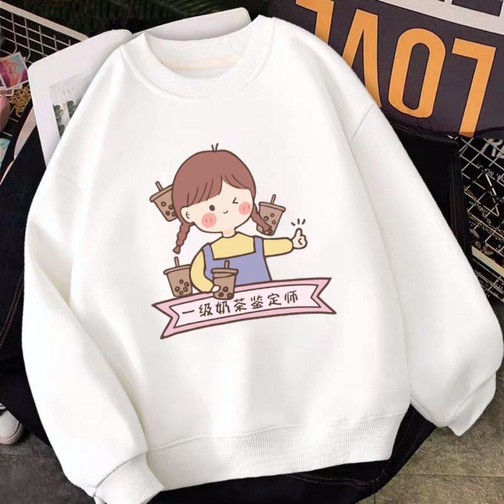 Áo sweater nỉ unisex nữ in cô bé tóc nâu áo form rộng nam nữ nhiều màu