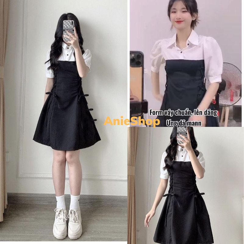 Đầm sơ mi đan eo ,Váy sơ mi trắng phối yếm đen dây đan eo tay lỡ công chúa bánh bèo, đầm thắt nơ eo tay bồng chữ A nữ tính tiểu thư ,đầm babydoll cổ dức nữ ,ANIESHOP688