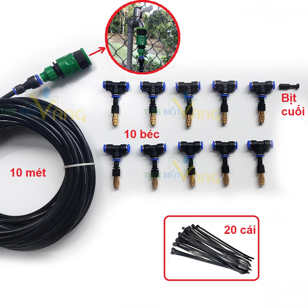 Bộ phun sương tưới cây tưới lan làm mát 10 béc đầu đồng đẹp đầy đủ đầu kết nối với vòi nước và 10m dây chịu áp lực cao 8mm tặng kèm 20 lạt nhựa