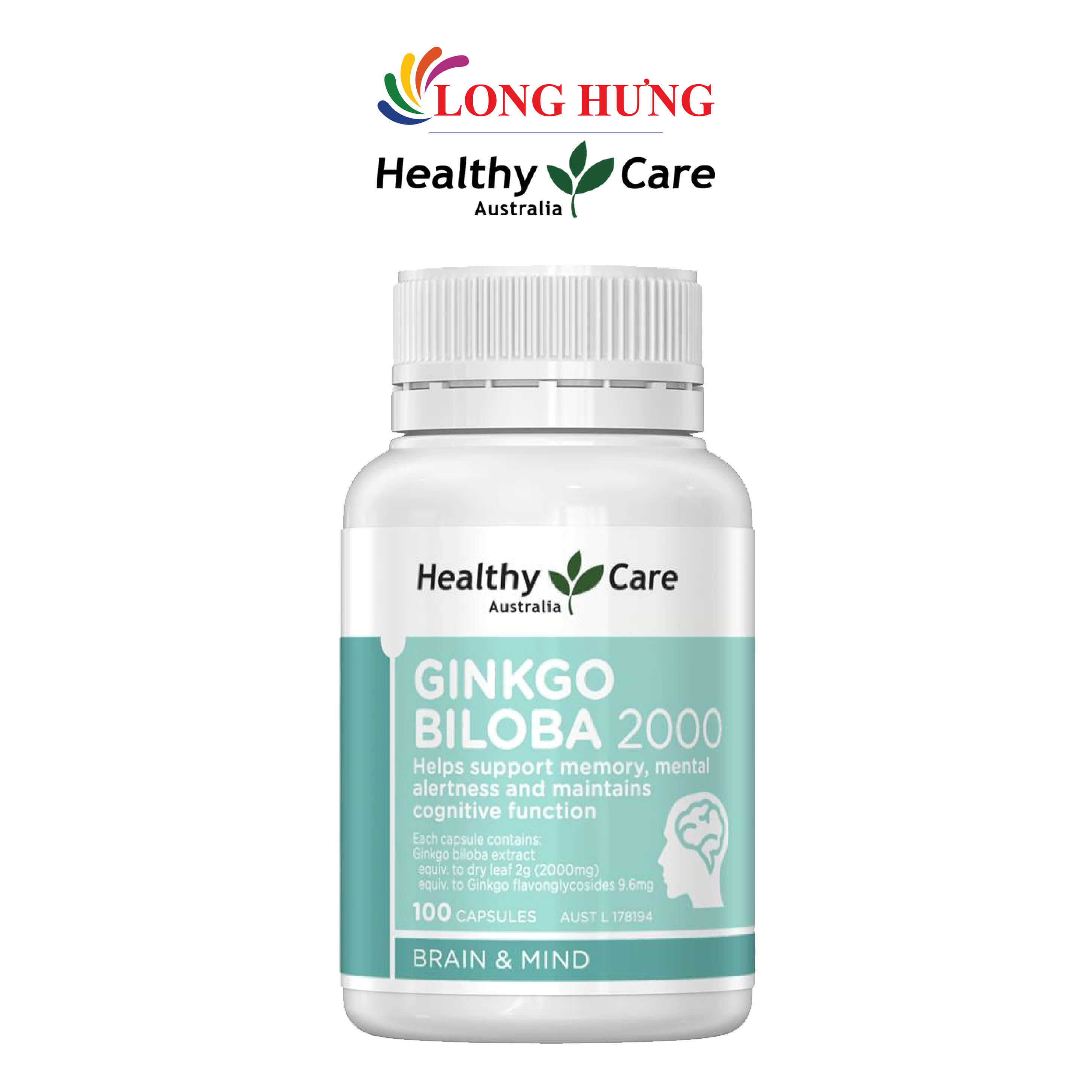 Viên uống Healthy Care Ginkgo Biloba 2000 hỗ trợ cải thiện trí não 100 viên