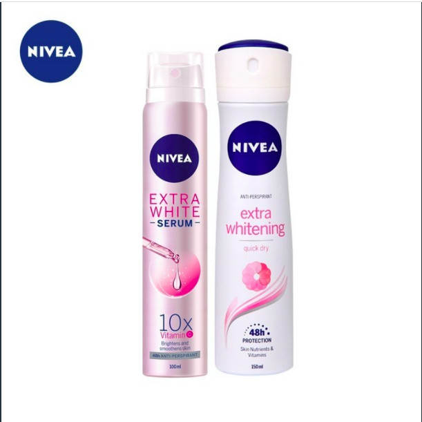 Combo Xịt ngăn mùi Nivea: Extra White Serum trắng mịn 100ml và Extra Whitening Spray 150ml