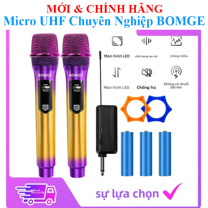 Bộ Micro Không Dây Chuyên Nghiệp 2 Kênh Pin Sạc cko Sân Khấu DJ Karaoke BOMGE