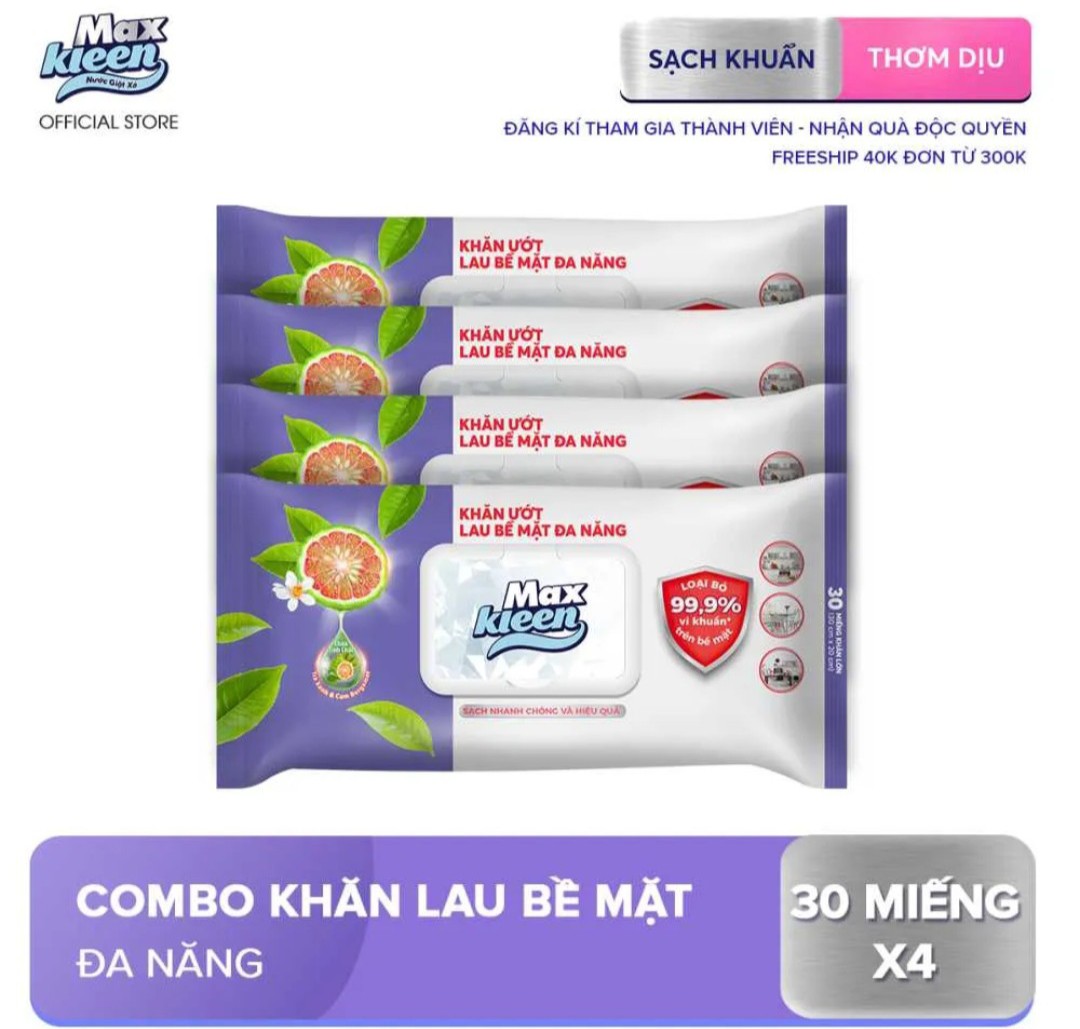 Maxkleen - Khăn Ướt Lau Bề Mặt Đa Năng Maxkleen (Bịch 30 miếng)