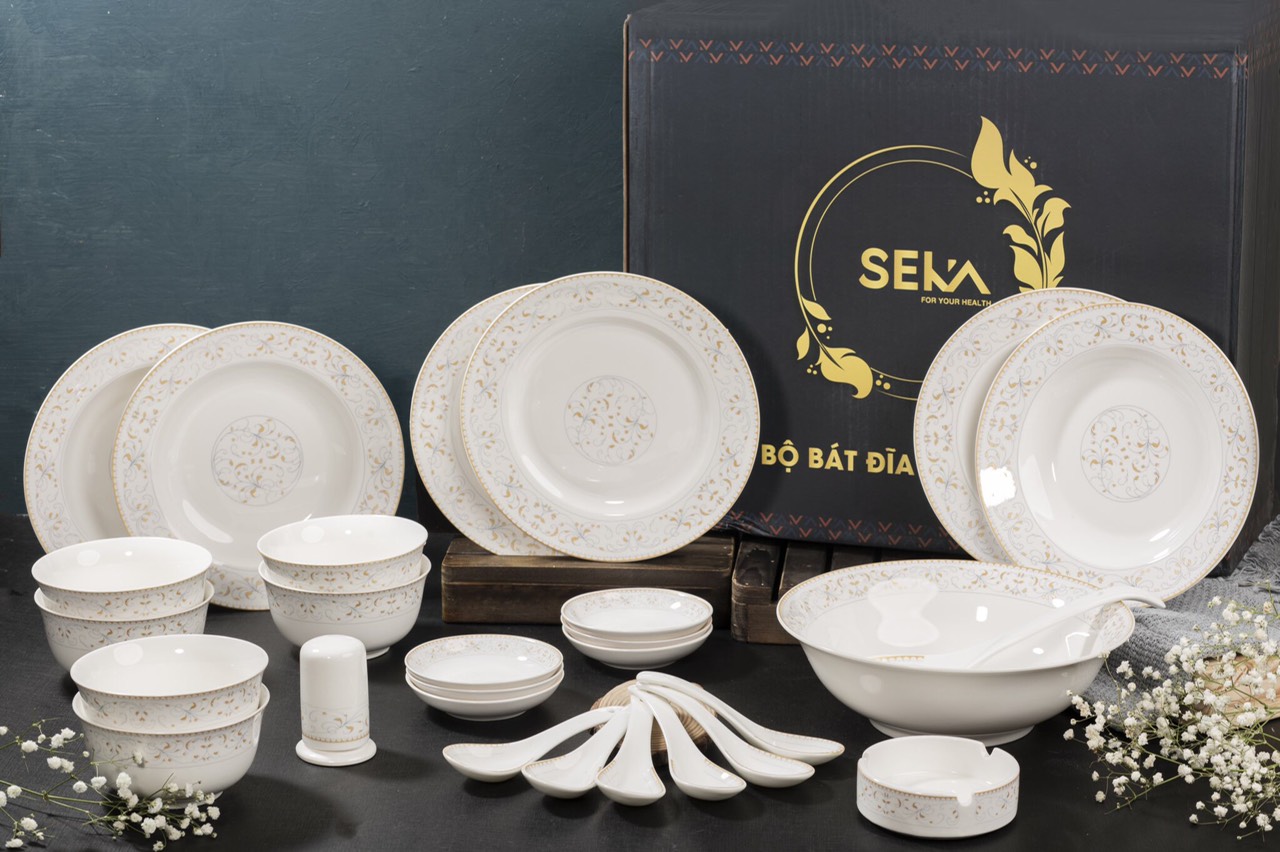 Bộ đồ ăn gốm sứ cao cấp 28 món :bát, đĩa, tô, chén gốm sứ