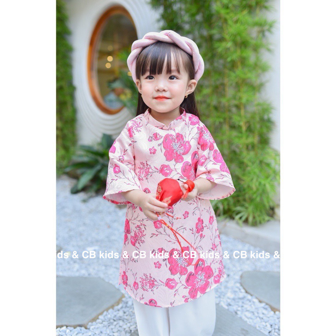 [8-30kg] Áo dài cách tân bé gái hoa mai,áo lụa quần lụa satin kèm mấn