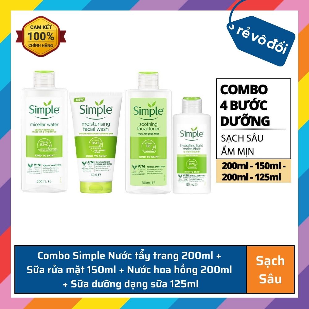 Bộ Sản Phẩm Simple Nước Tẩy Trang 200ml + Sữa Rửa Mặt 150ml + Nước hoa hồng 200ml + Sữa Dưỡng Da 125ml