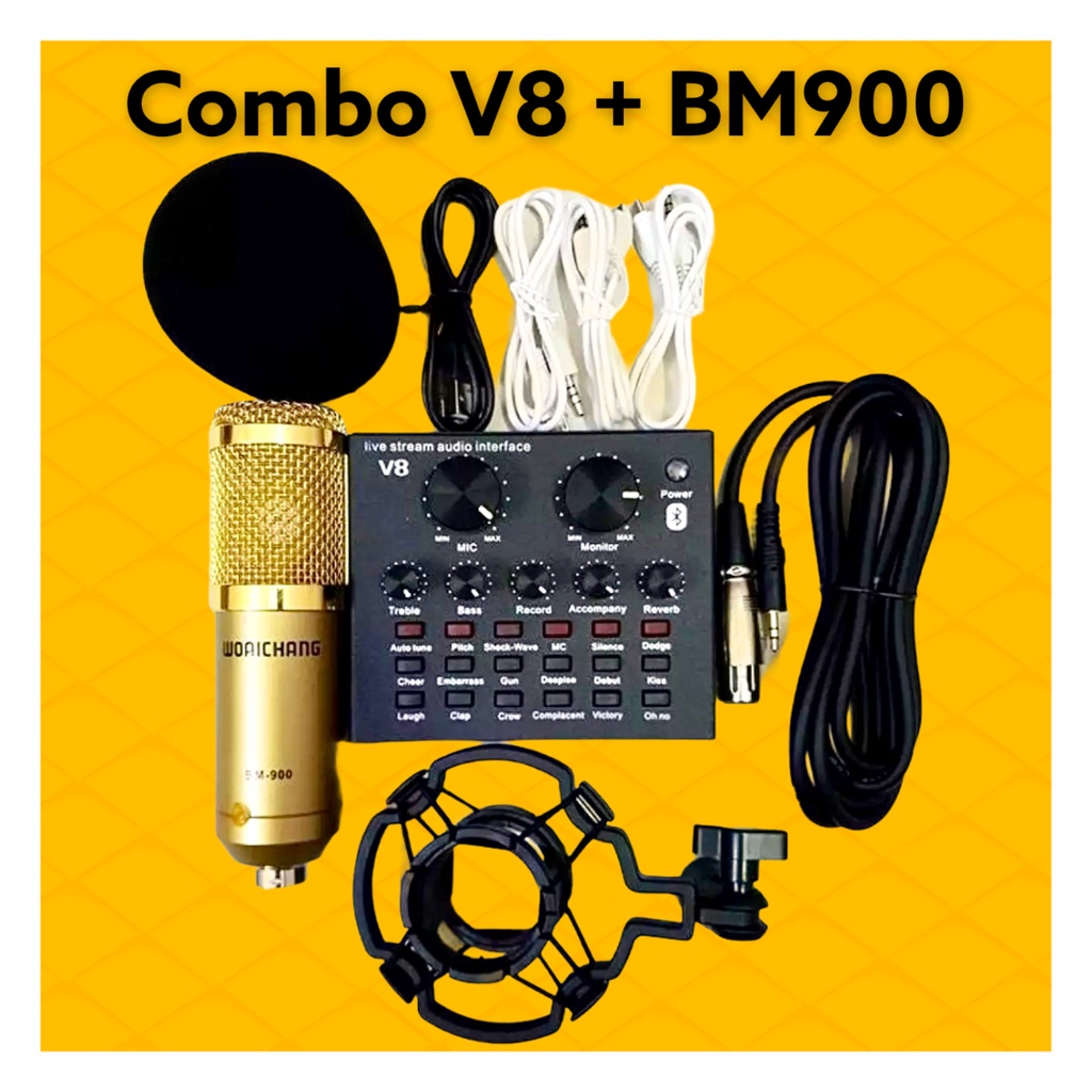 Mic Livestream | Micro thu âm Sound Card V8 + Mic BM900 Hát Livestream Điện Thoại Chuyên Nghiệp, Monkey Studio