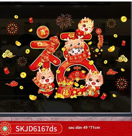 Decal Tết 2025 trang trí năm mới, dán cửa kính hai mặt , có keo hoặc tĩnh điện TRT1000