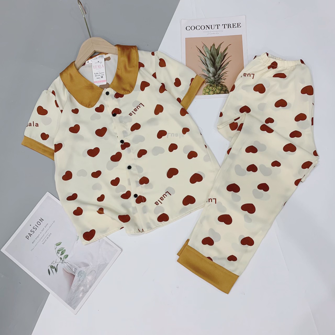 Bộ Pijama Lụa Satin / Mango Phối Hàn - Bộ Mặc Nhà Cộc Dài