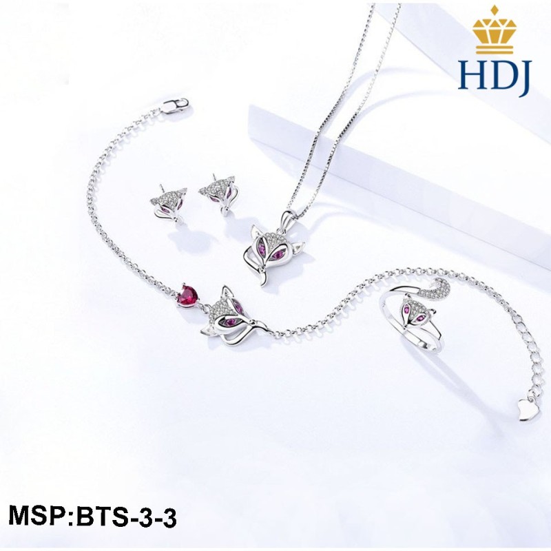 Combo dây chuyền khuyên tai,lắc tay và nhẫn bạc Ý 925 Hình Hồ ly may mắn sang trọng trang sức cao cấp HDJ mã BTS-3-3