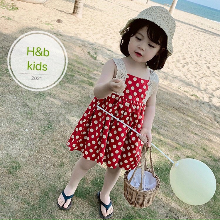Váy lụa chấm bi đỏ hai dây cho bé gái từ 8-20kg