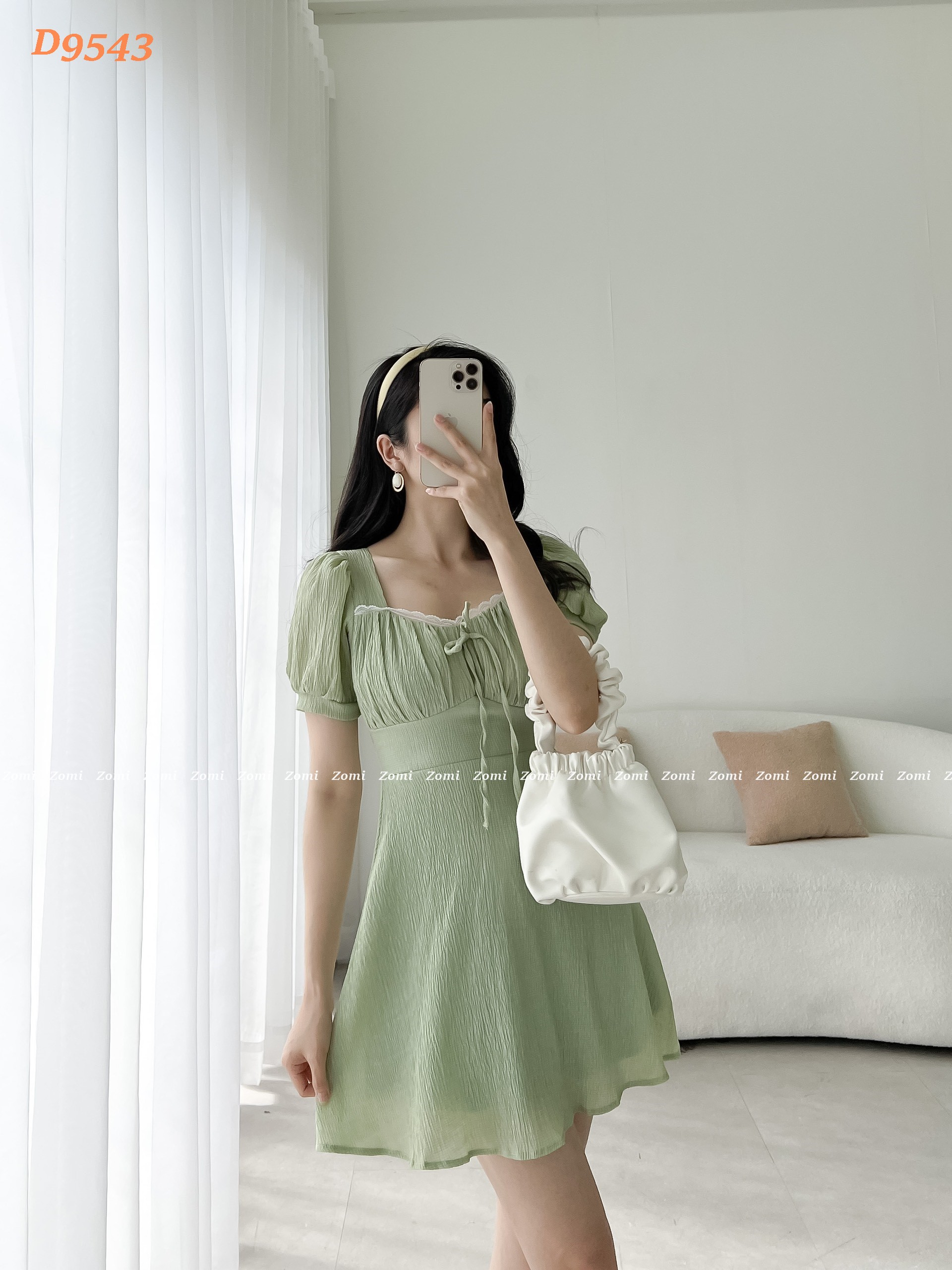 Đầm xòe tay phồng nhún phối ren điệu đà